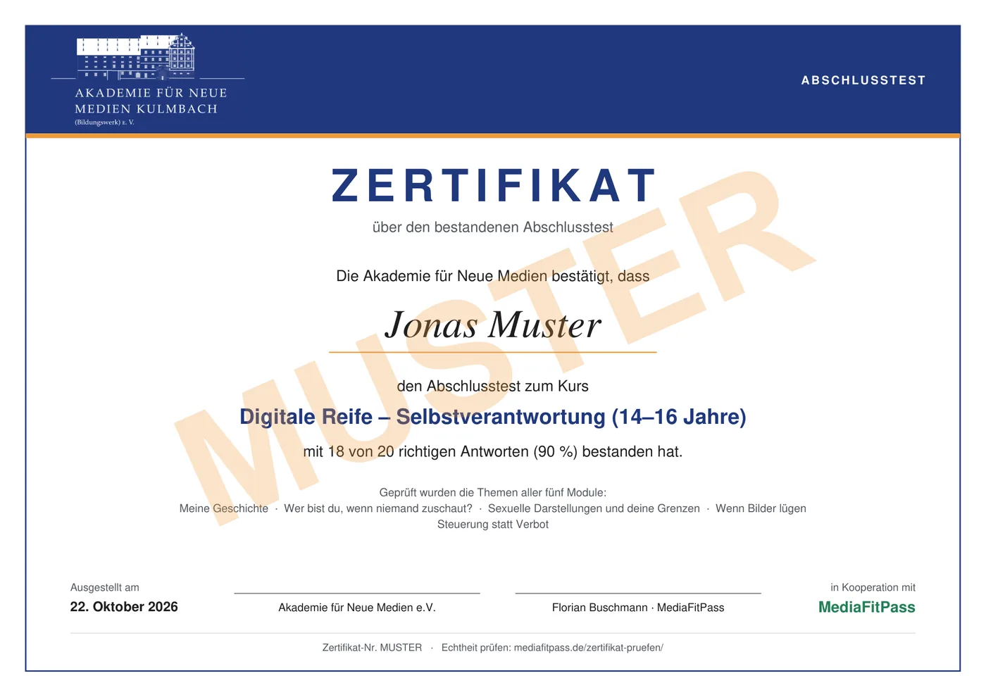Muster: Zertifikat der Akademie für Neue Medien zum Kurs „Digitale Reife – Selbstverantwortung (14–16 Jahre)“